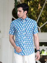 Blue Cotton Half Jaipuri Print Shirt