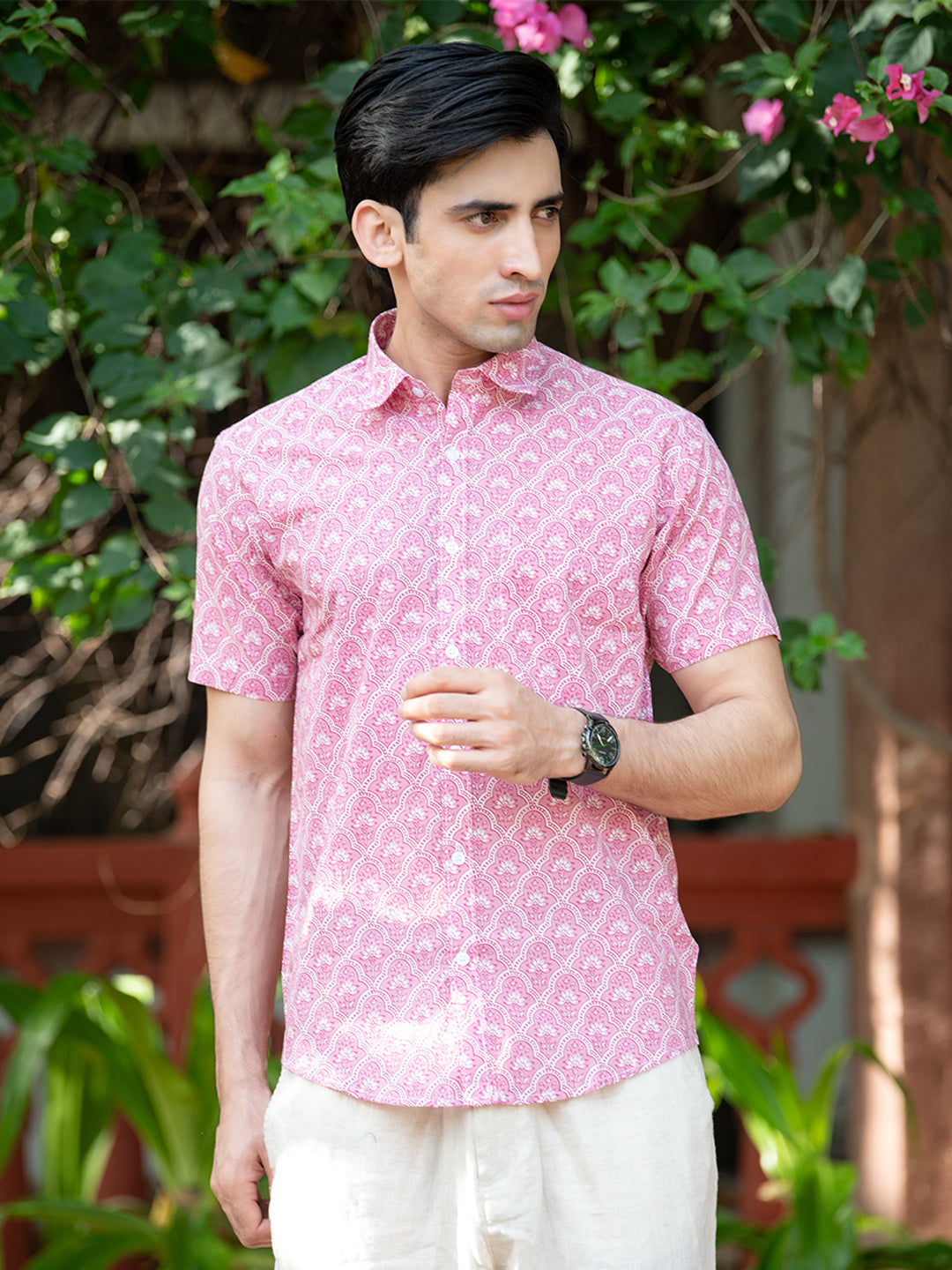 Cotton Half Sleeves Pink Jaipuri Printed Shirt