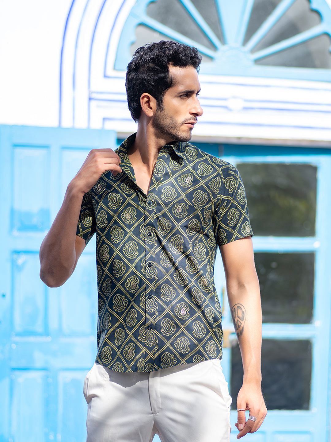 Green Jaipuri Half Printed Shirt