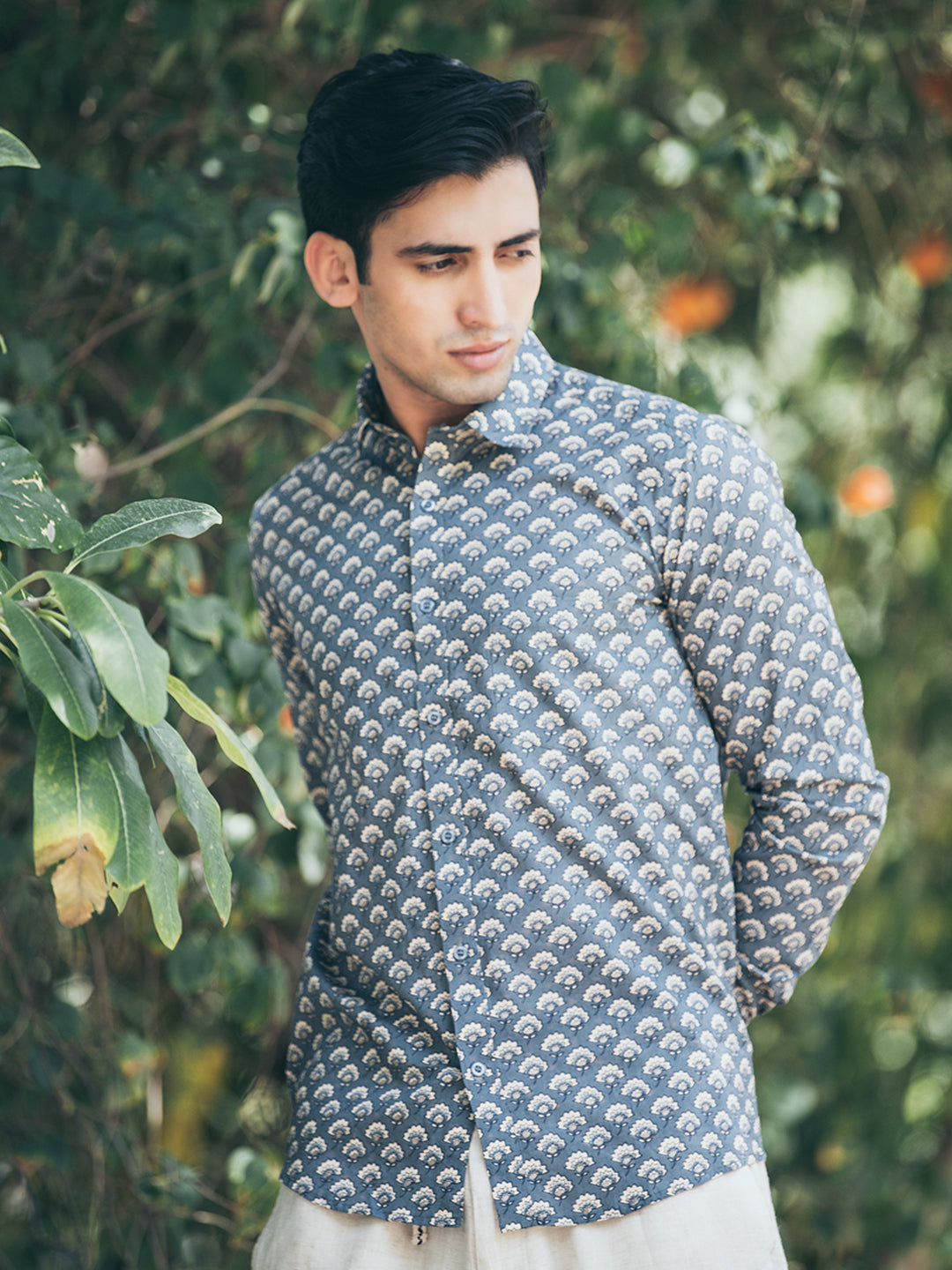 Grey Cotton Jaipuri Printed Shirt