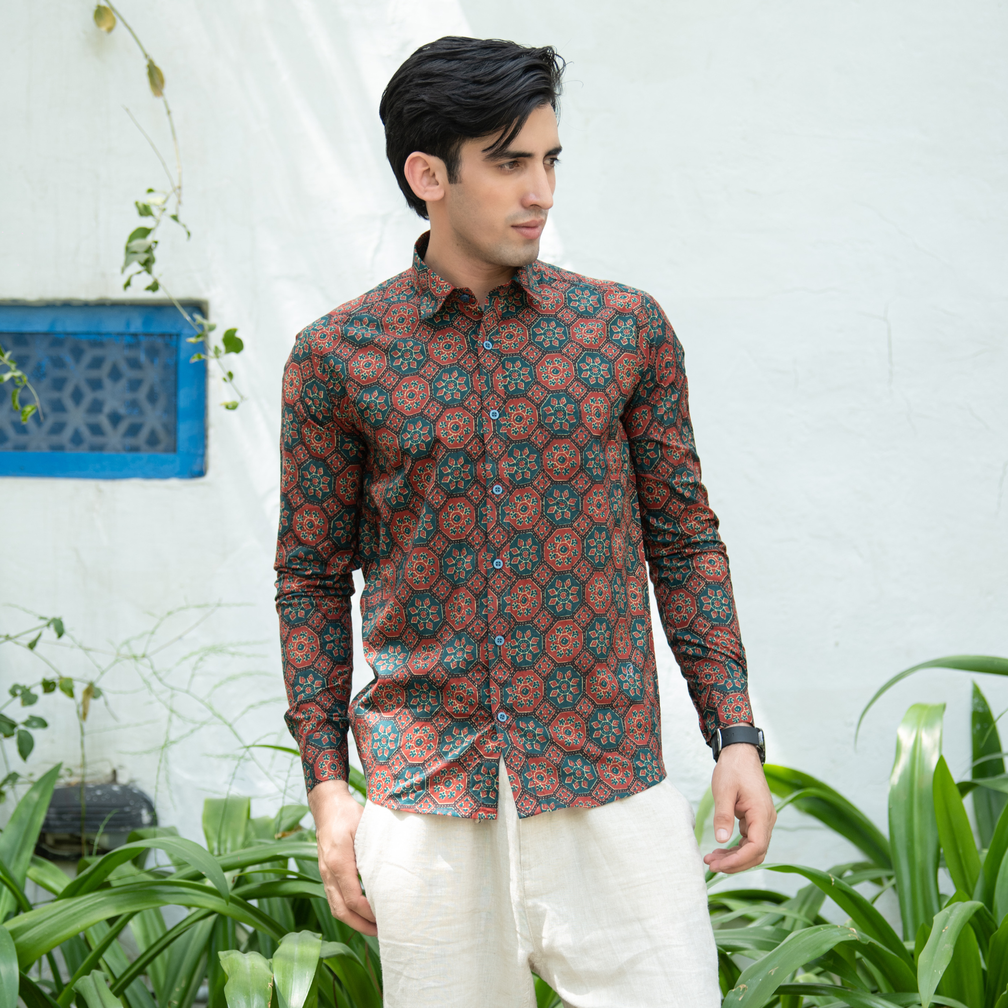 Red & Green Jaipuri Cotton Printed Shirt For Men