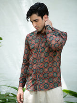 Red & Green Jaipuri Cotton Printed Shirt For Men