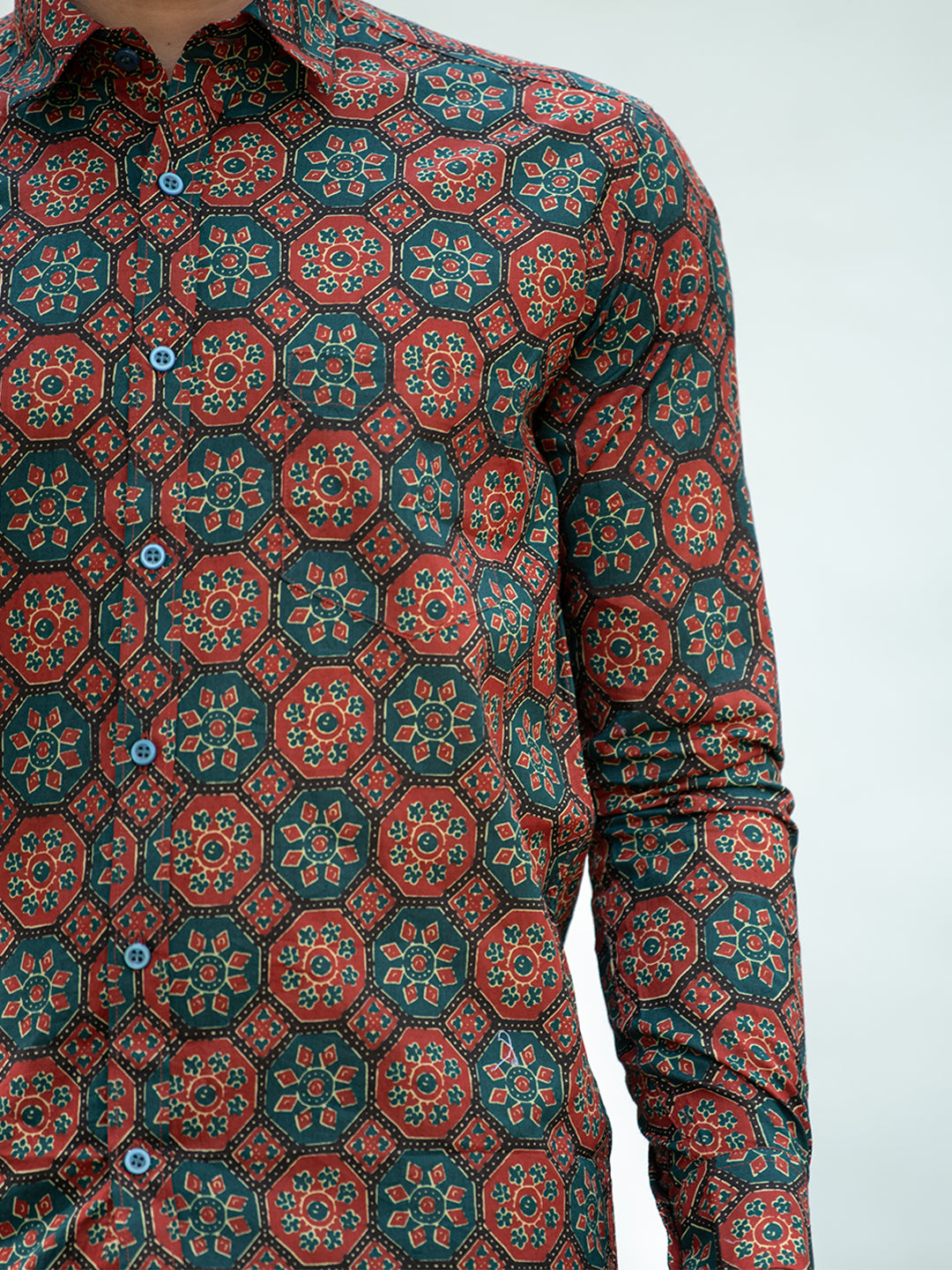 Red & Green Jaipuri Cotton Printed Shirt For Men