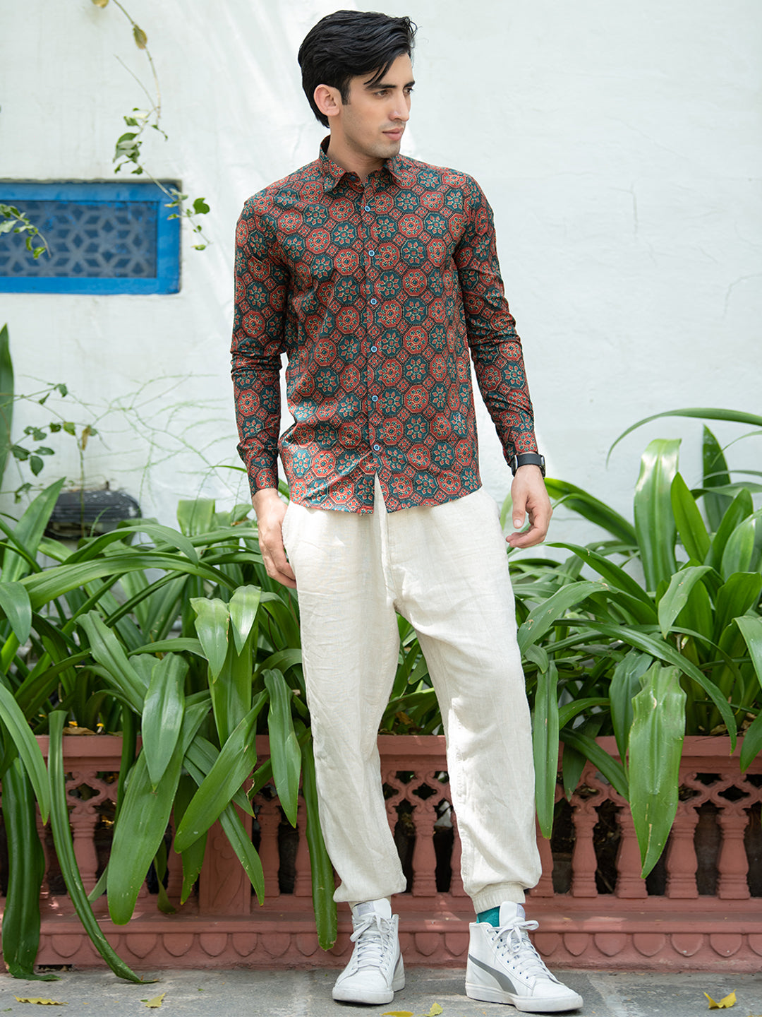 Red & Green Jaipuri Cotton Printed Shirt For Men