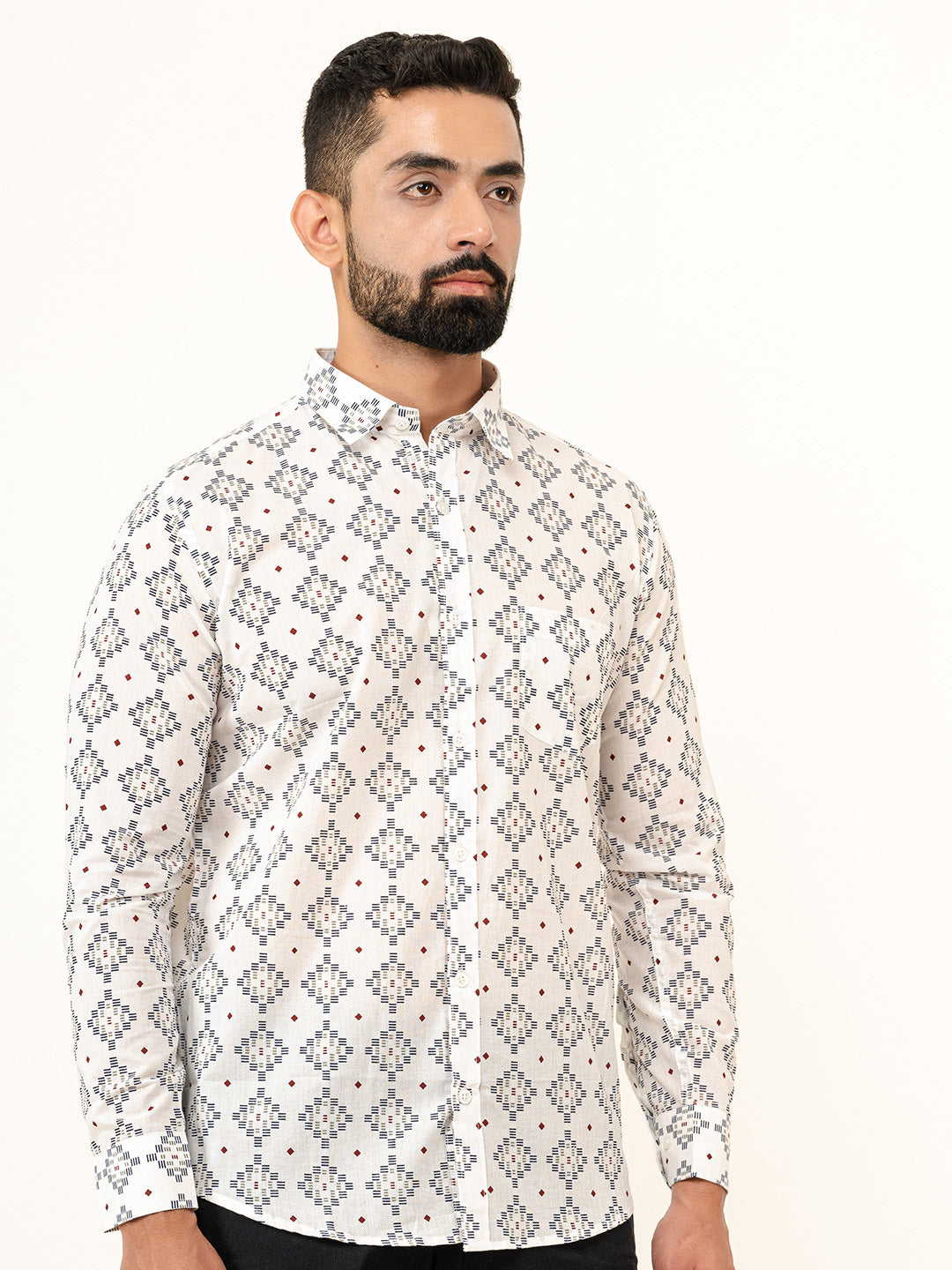 White Jaipuri Cotton Printed Shirts For Men