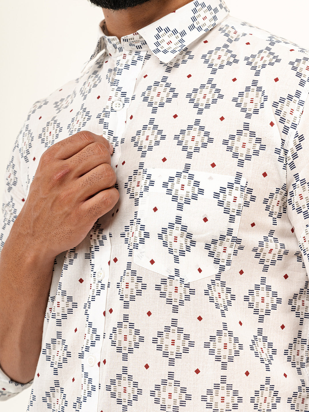 White Jaipuri Cotton Printed Shirts For Men