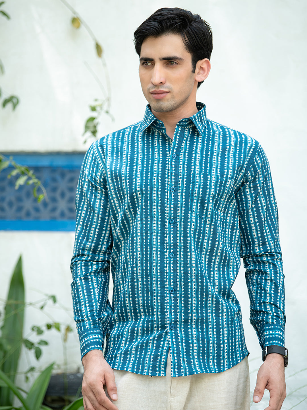 Aqua Blue Jaipuri Cotton Printed Shirt