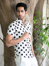 Cotton Half Sleeve White Polka Dotted Print Shirt