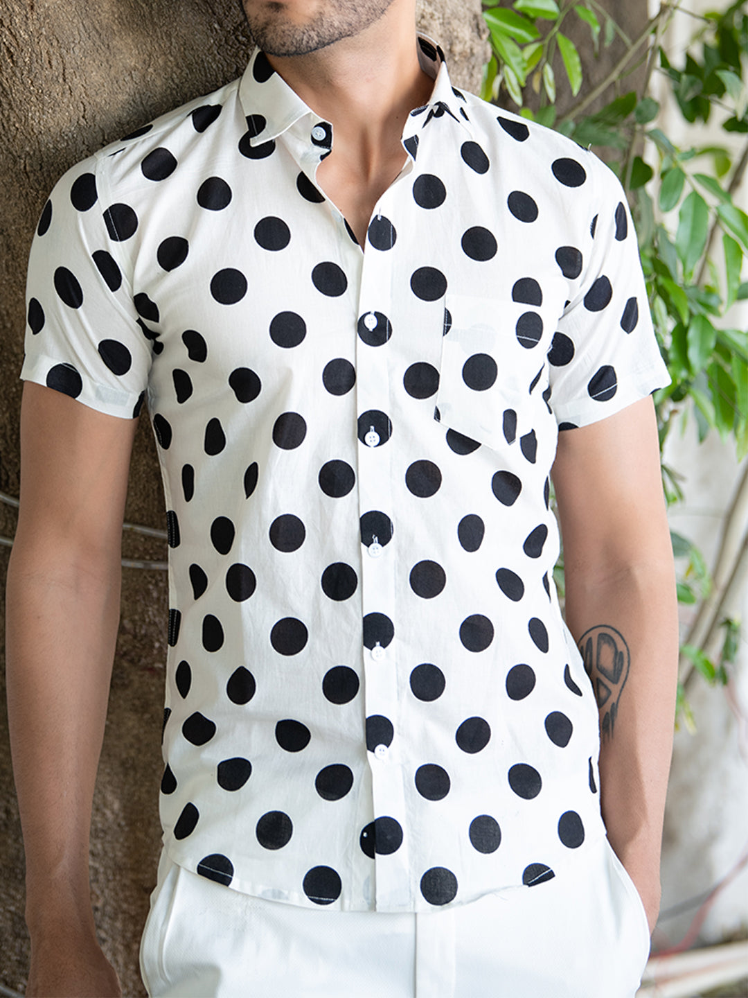 Cotton Half Sleeve White Polka Dotted Print Shirt