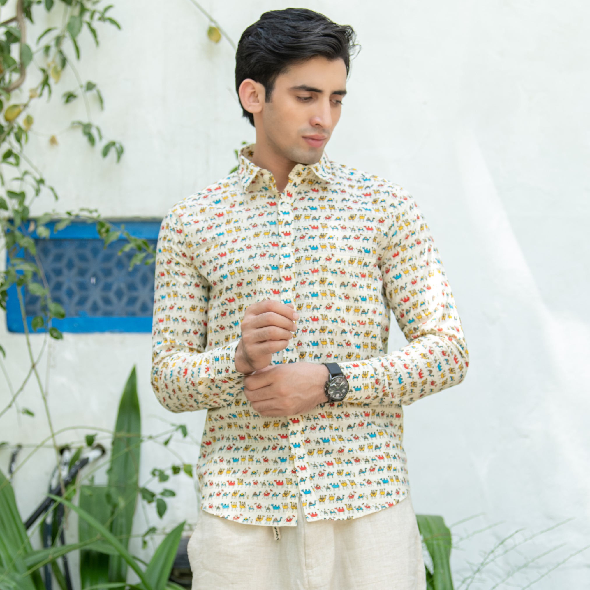 Camel Jaipuri Printed Shirt For Men