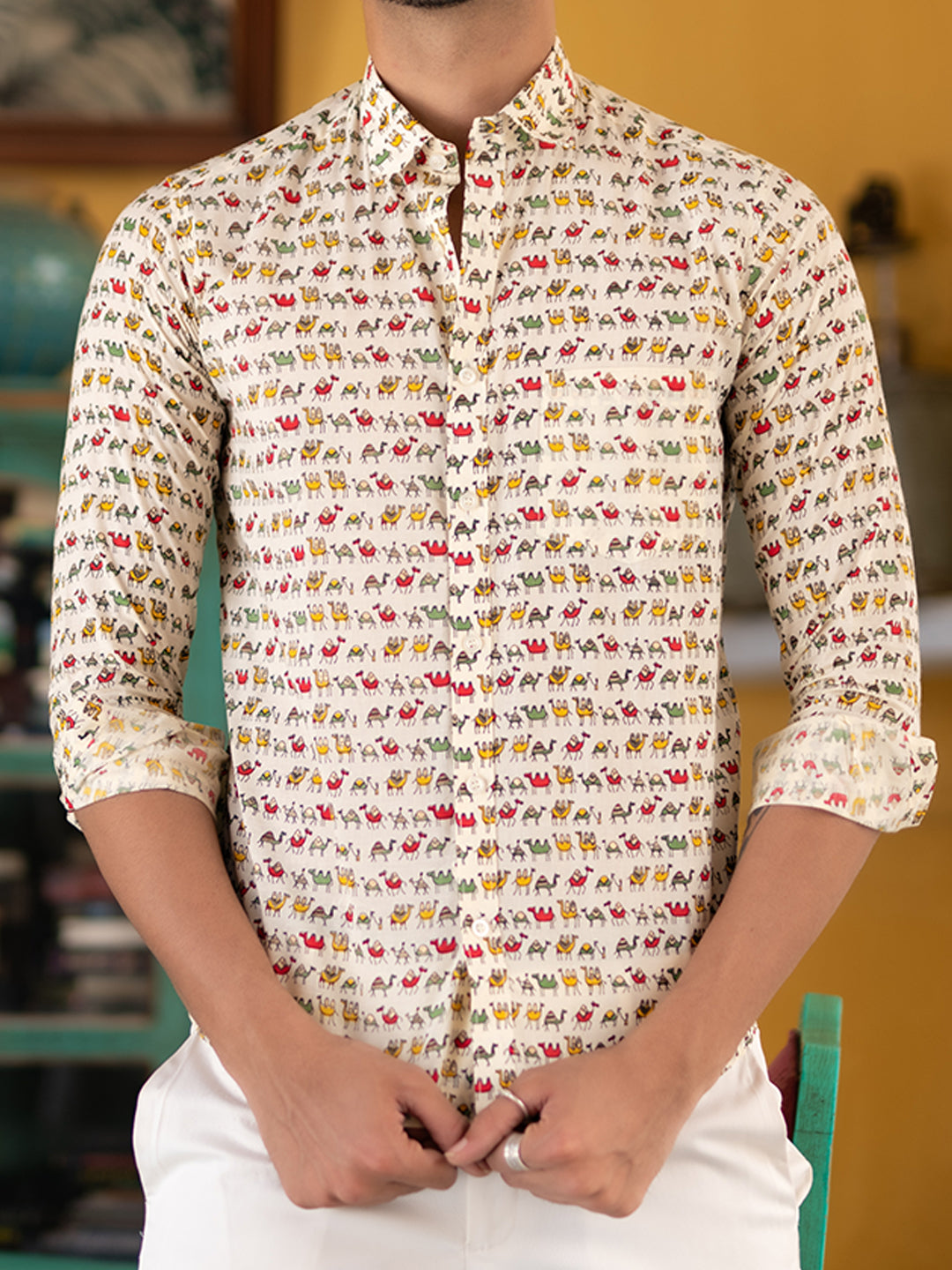 Camel Jaipuri Printed Shirt For Men