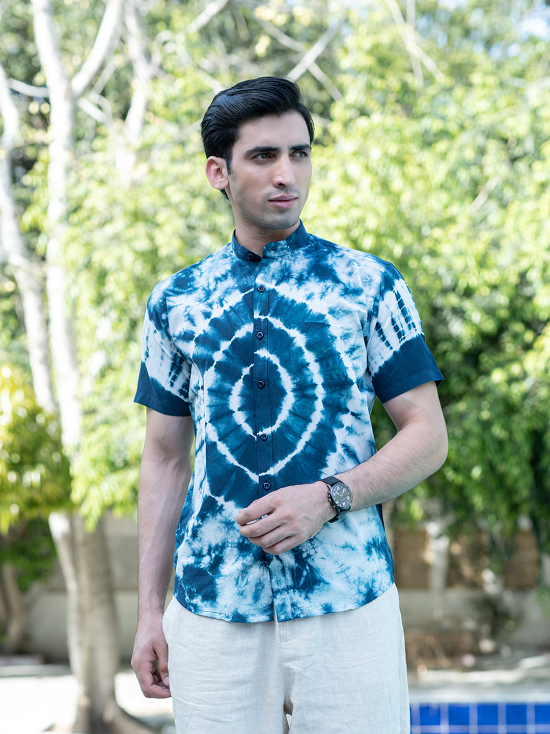 Buy Navy Blue Tie and Dye Chinese Collar Half Sleeves Shirt Online 