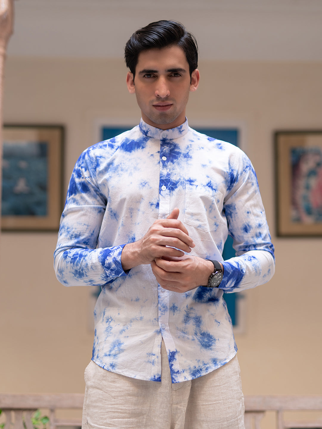 blue chinese collar shirt