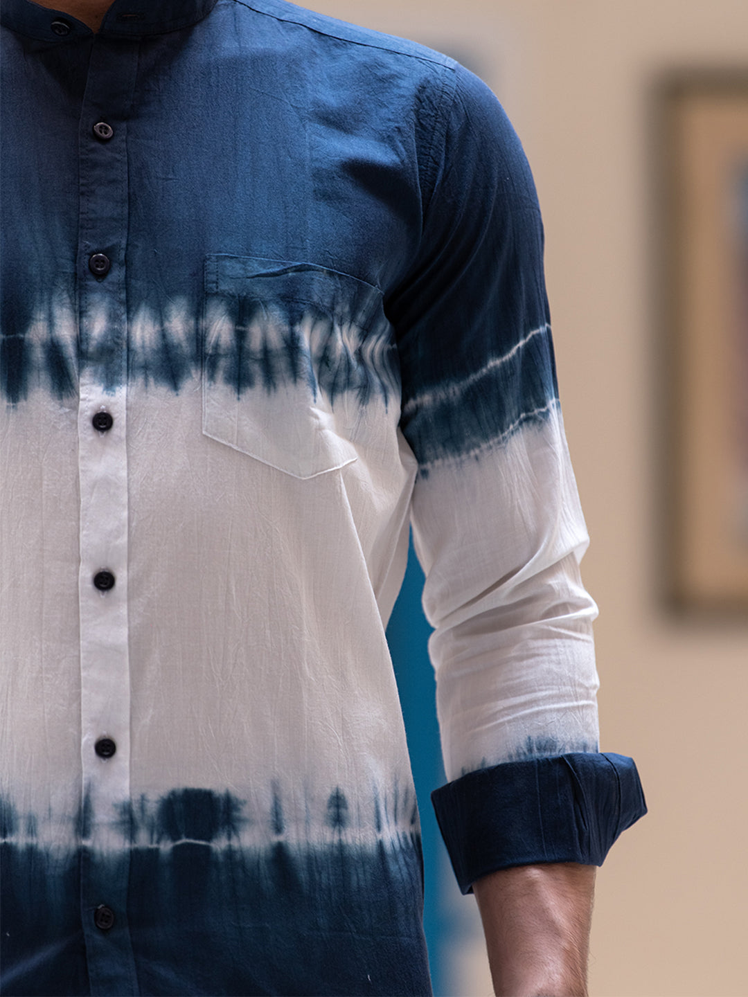 Blue Tie and Dye Ombre Chinese Collar Shirt