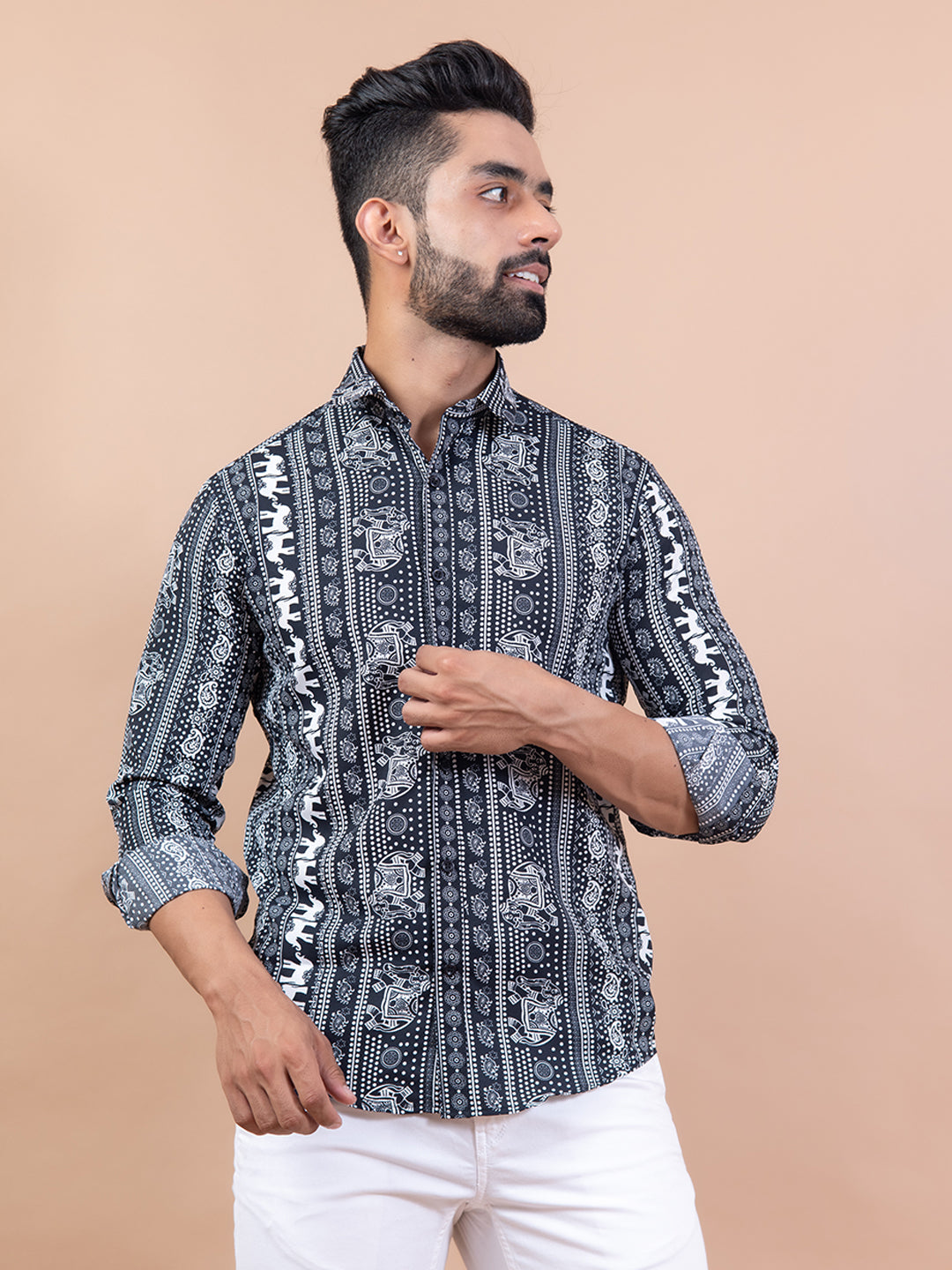 Black & White Ethnic Elephant Printed Shirt