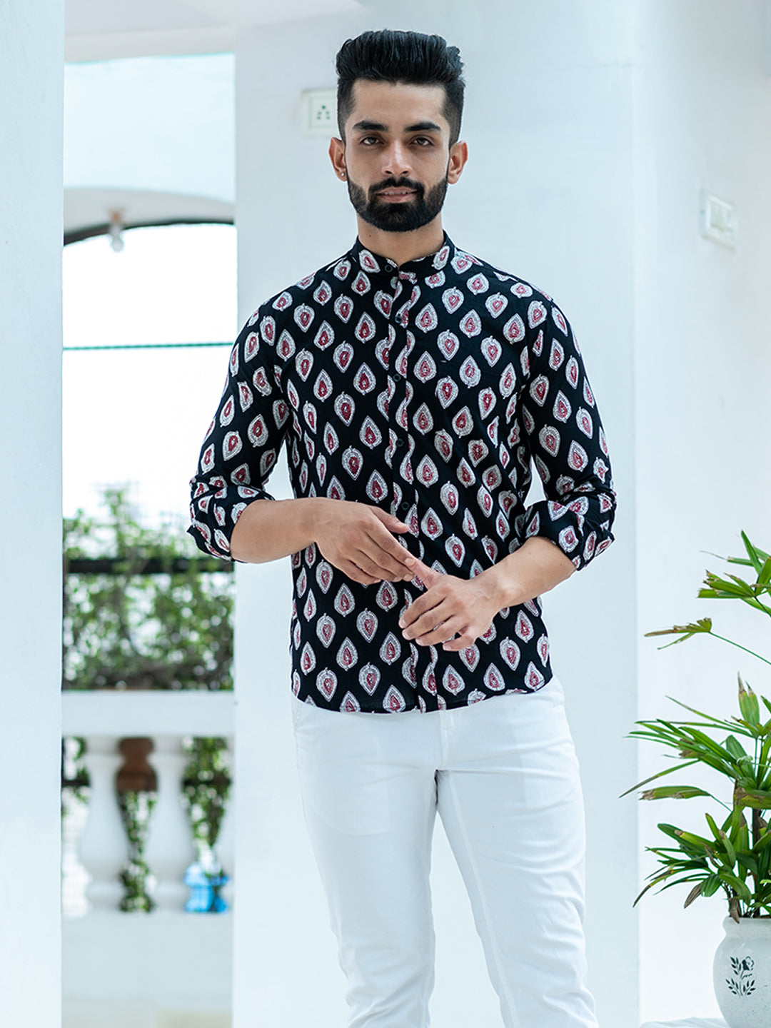 Black & red Leaf printed Full shirt