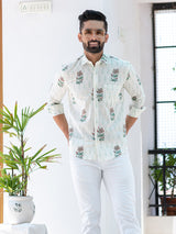 White Floral Full Sleeves Printed Shirt For Men