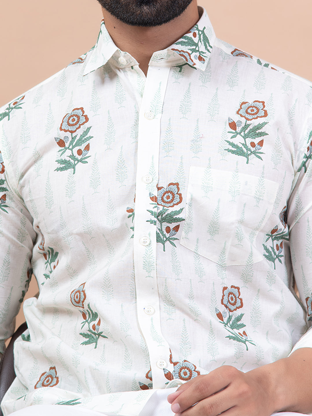 White Floral Full Sleeves Printed Shirt For Men