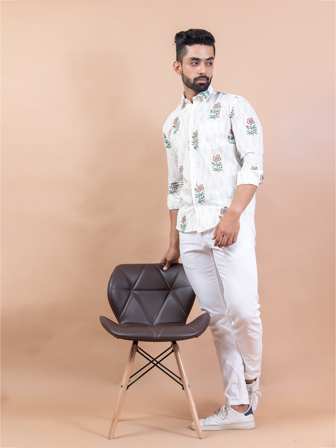 White Floral Full Sleeves Printed Shirt For Men