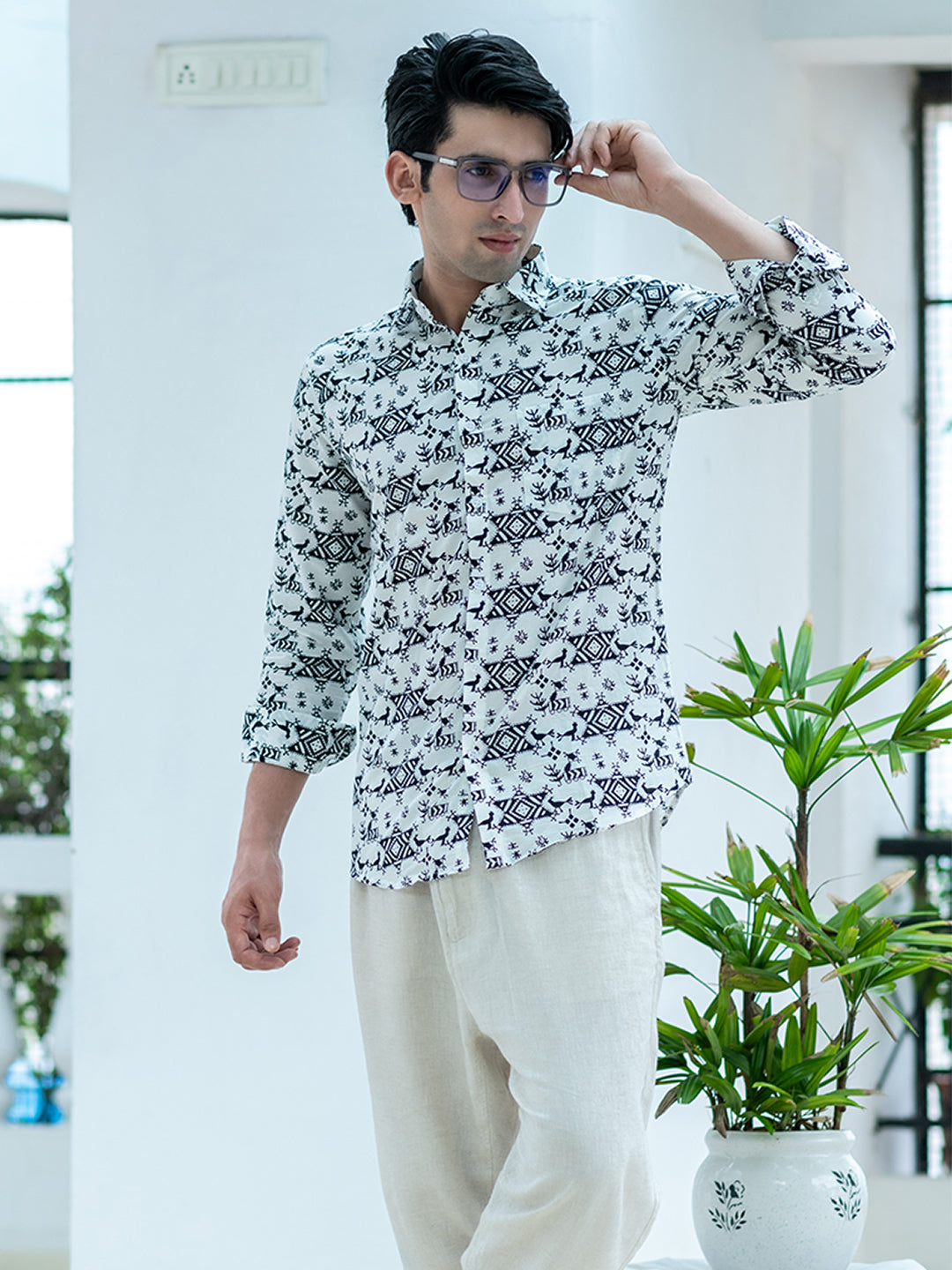 White Jaipuri Printed Cotton Full Sleeve Shirt