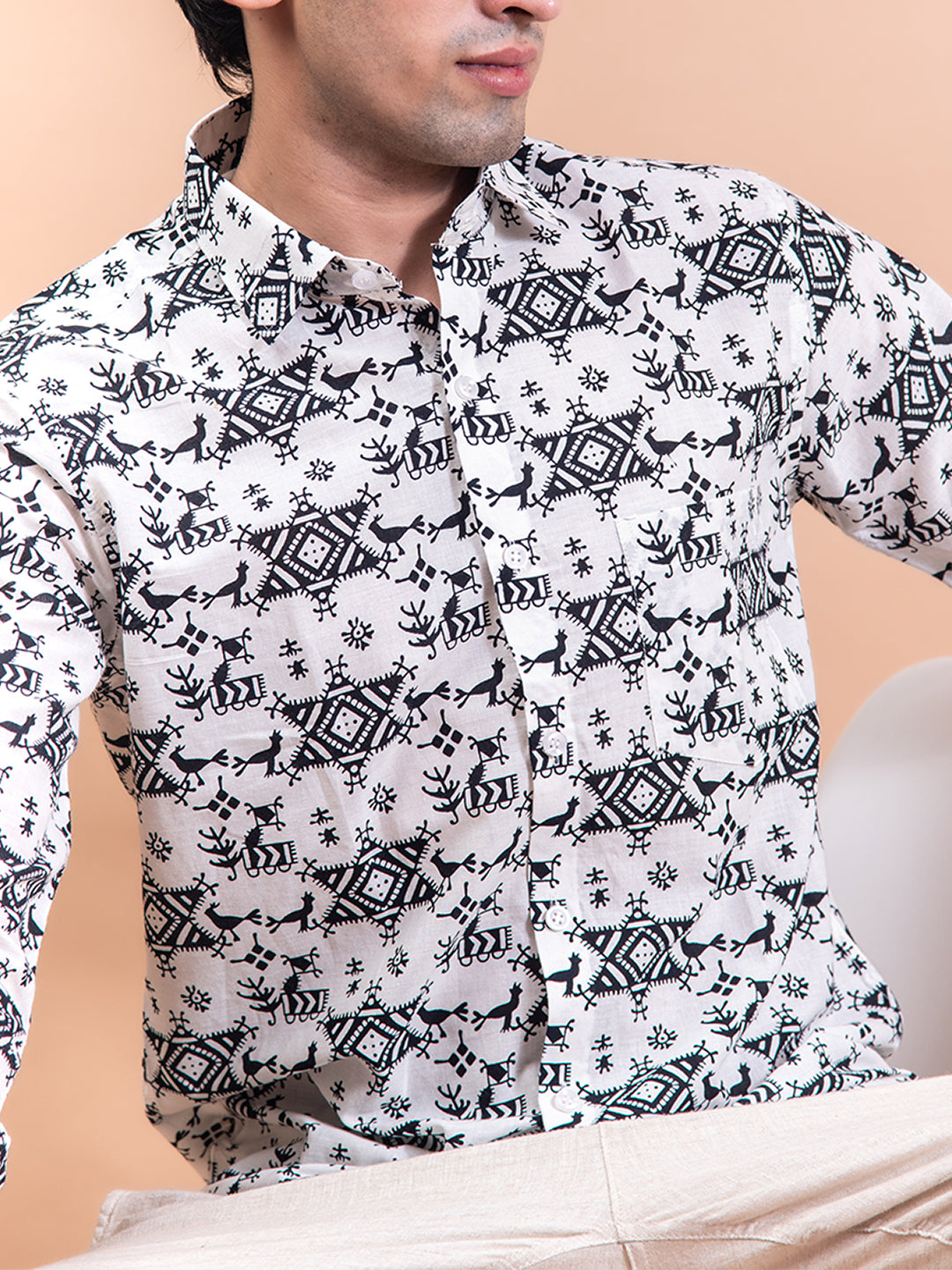 White Jaipuri Printed Cotton Full Sleeve Shirt