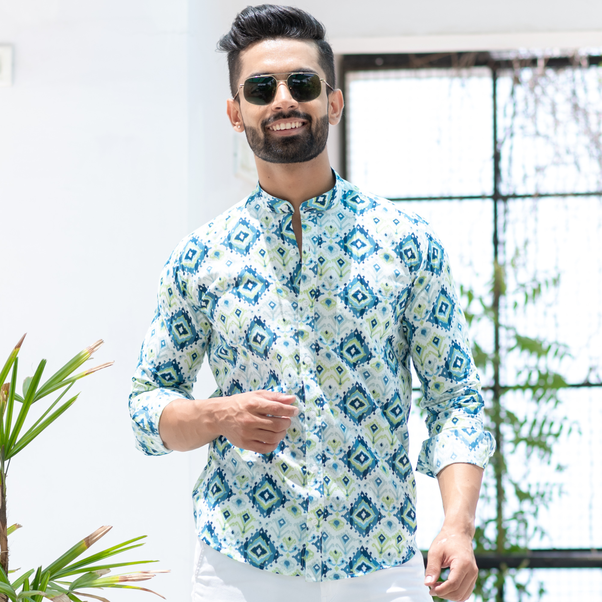 Blue & Green Ikat Full Sleeve Printed Shirt For Men