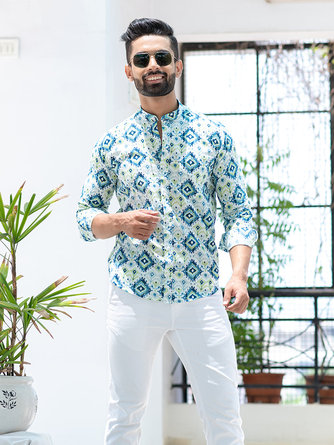 Blue & Green Ikat Full Sleeve Printed Shirt For Men