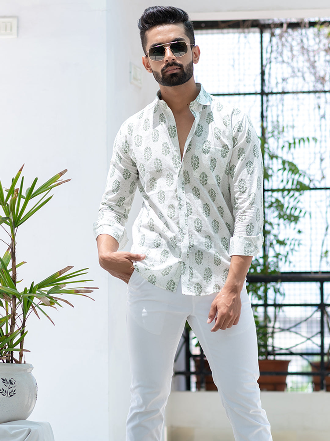 Full Sleeves White Motifs Jaipuri Printed Shirt