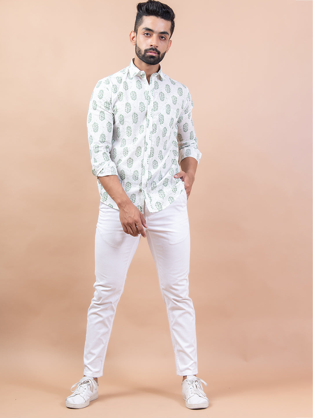 Full Sleeves White Motifs Jaipuri Printed Shirt