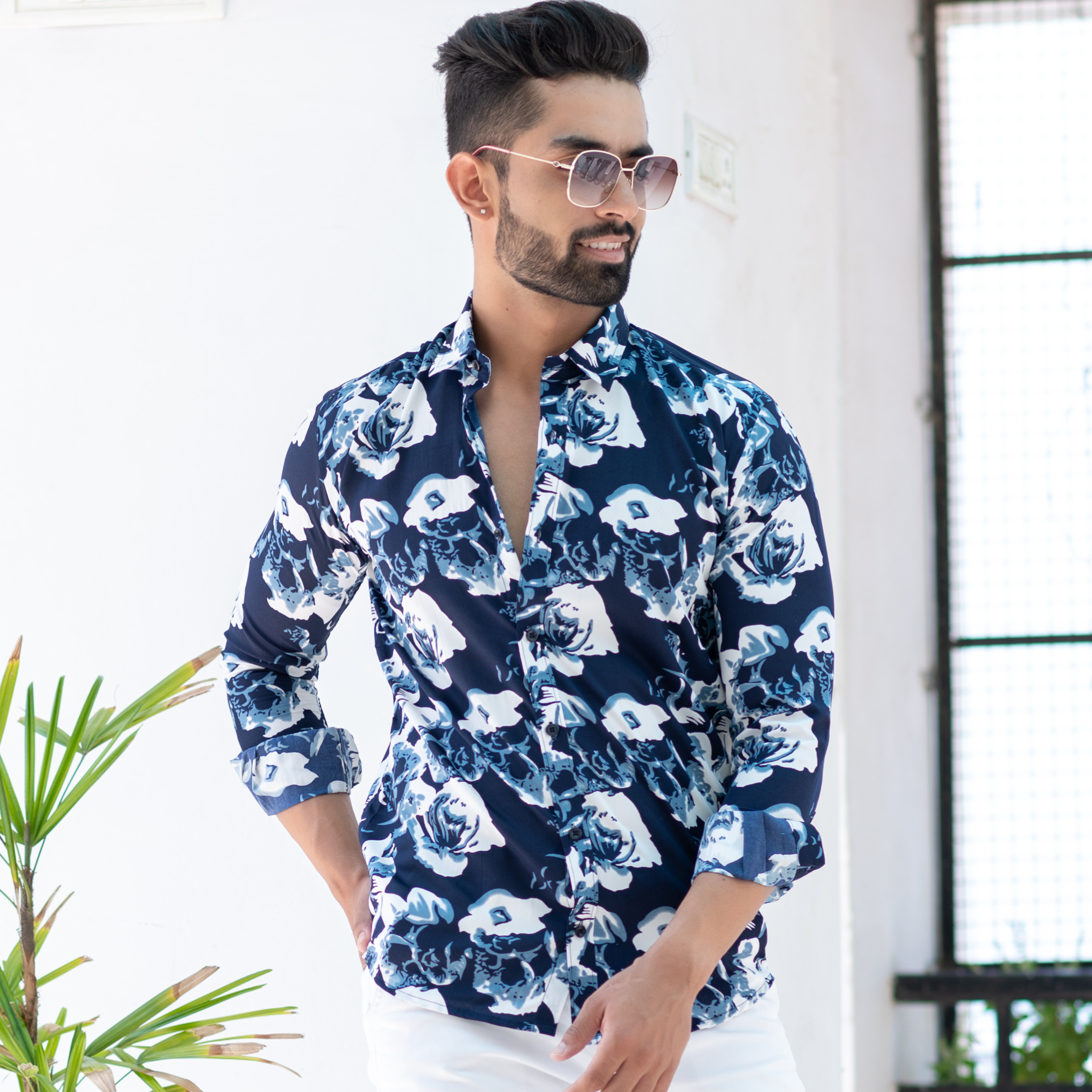 White Rose Blue Color Full Sleeve Printed Shirt