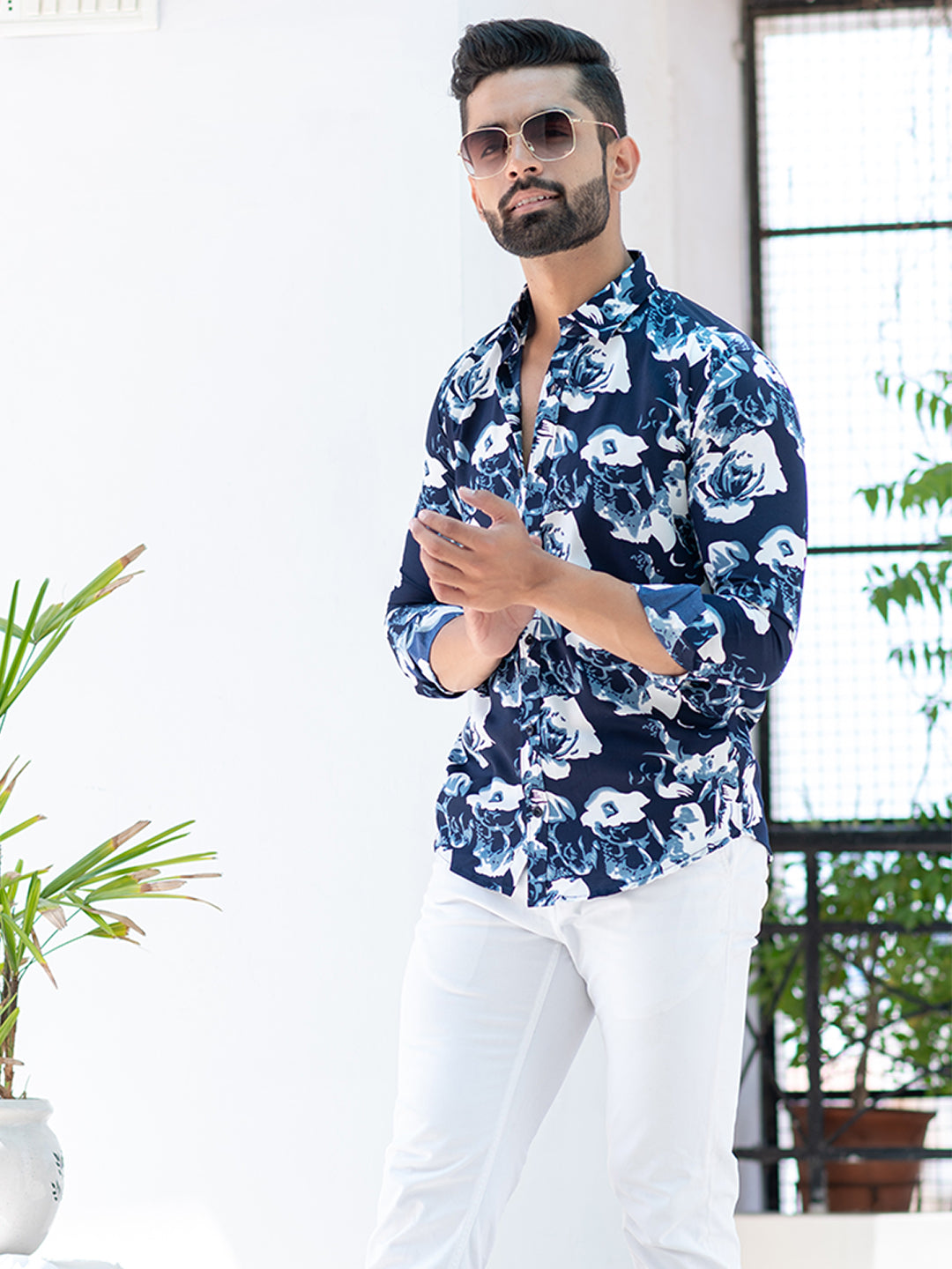 White Rose Blue Color Full Sleeve Printed Shirt