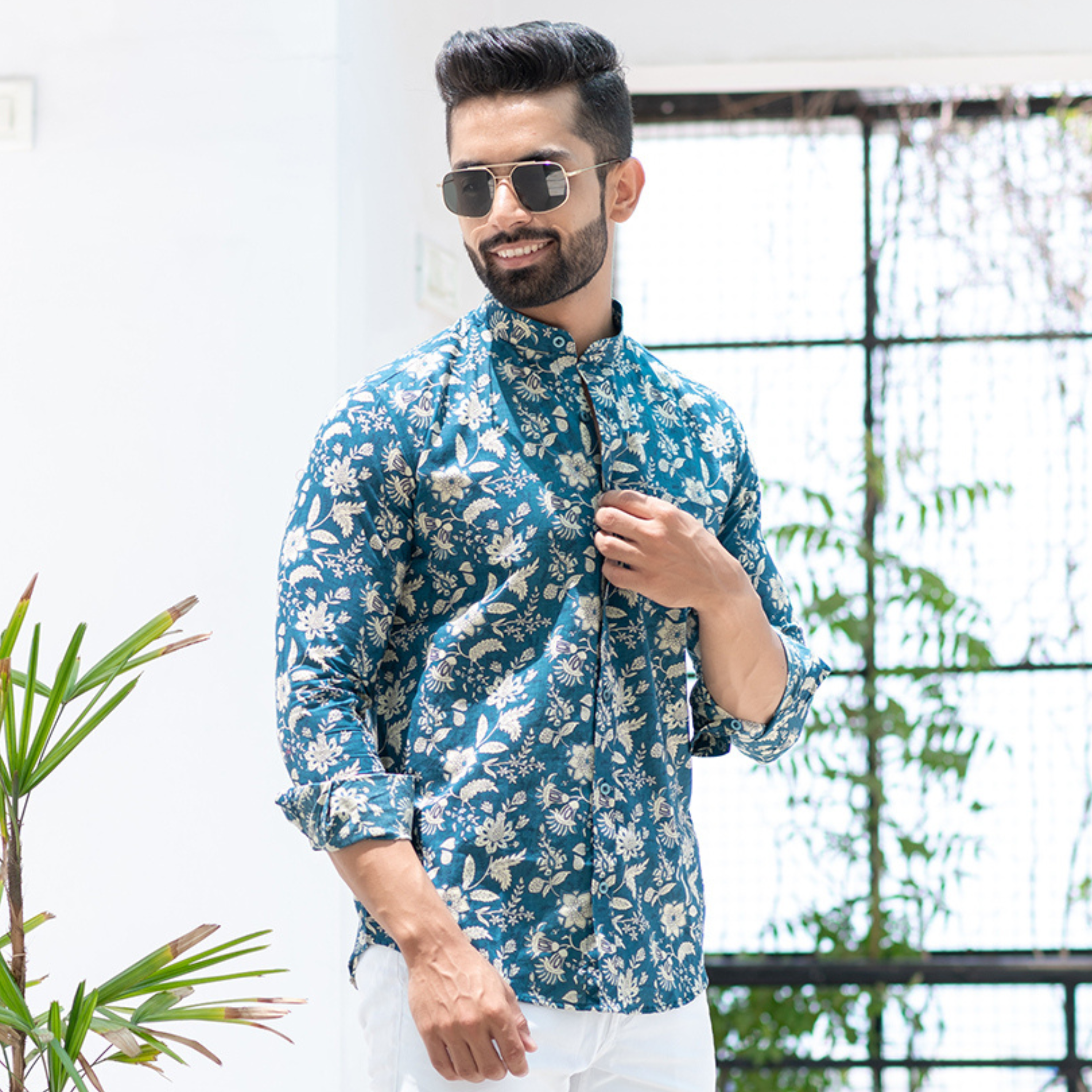 Floral Teal Blue Mandarin Collar Full Sleeve Printed Shirt