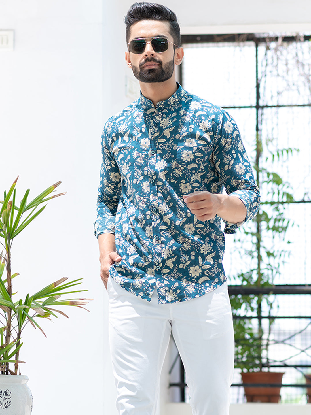 Floral Teal Blue Mandarin Collar Full Sleeve Printed Shirt