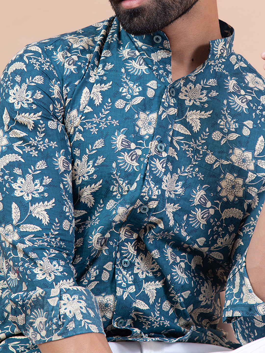 Floral Teal Blue Mandarin Collar Full Sleeve Printed Shirt