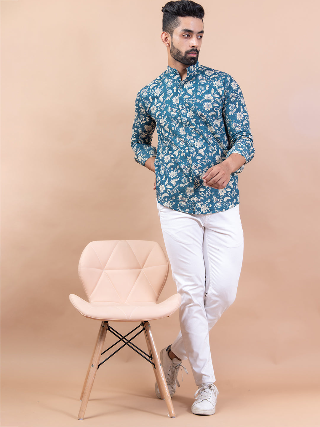 Floral Teal Blue Mandarin Collar Full Sleeve Printed Shirt