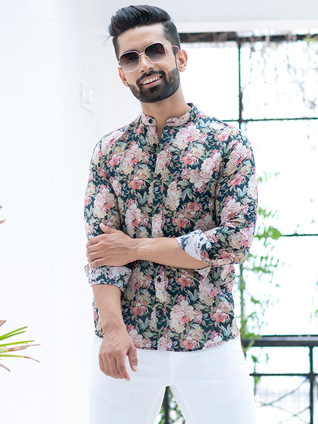 Mandarin Collar Full Sleeves Floral Print Shirt