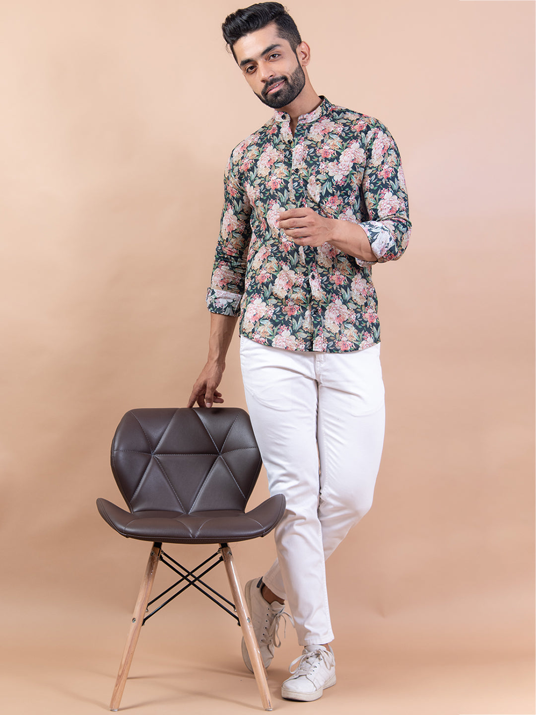 Mandarin Collar Full Sleeves Floral Print Shirt