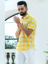 Cotton Half Sleeve Yellow Jaipuri Printed Shirt