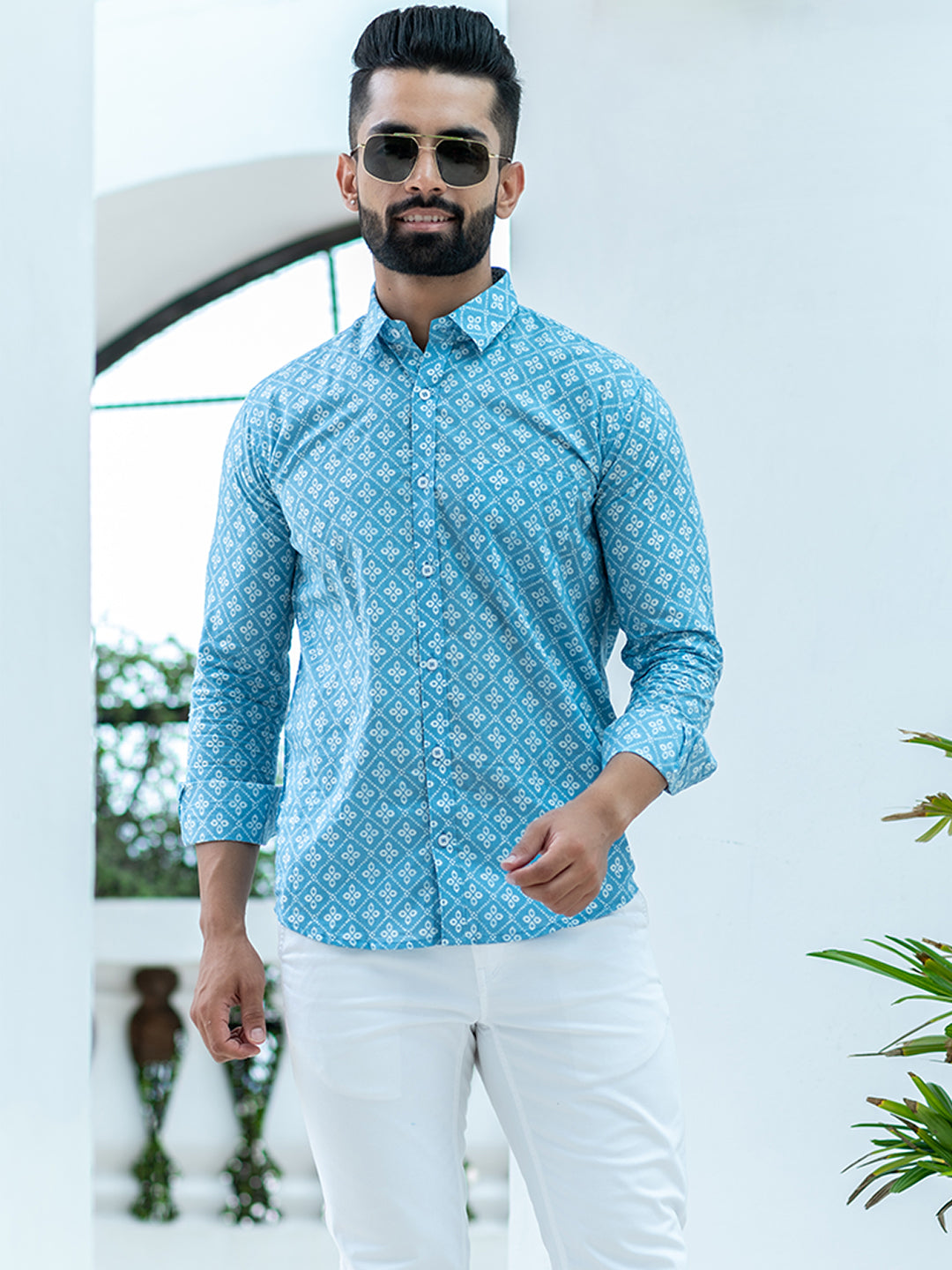 Powdered Blue Cotton Full Sleeves Screen Print Shirt