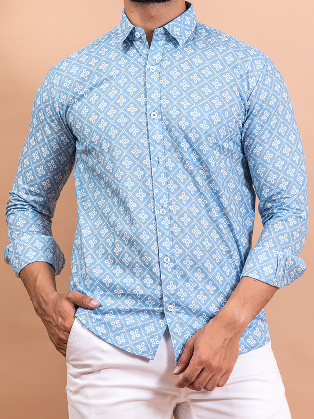 Powdered Blue Cotton Full Sleeves Screen Print Shirt