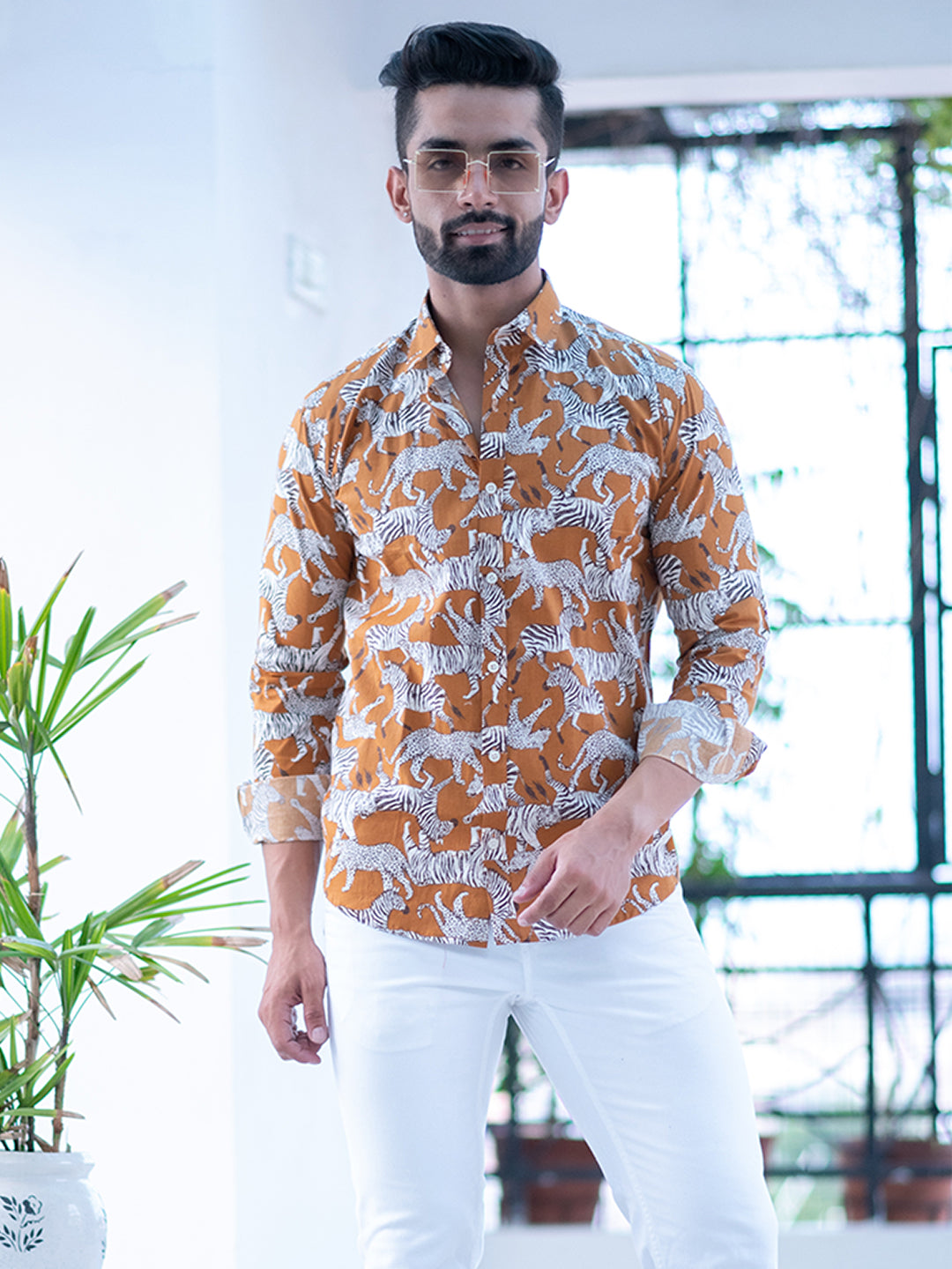 Mustard Animal Print Giza Cotton Full Sleeves Shirt