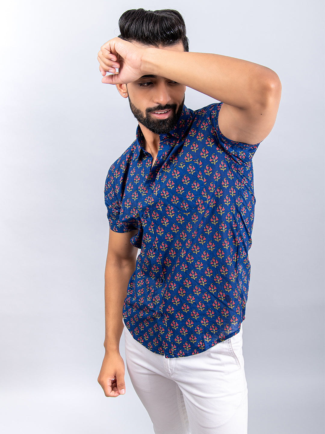 Half Sleevs Cotton Blue Floral Print Shirt