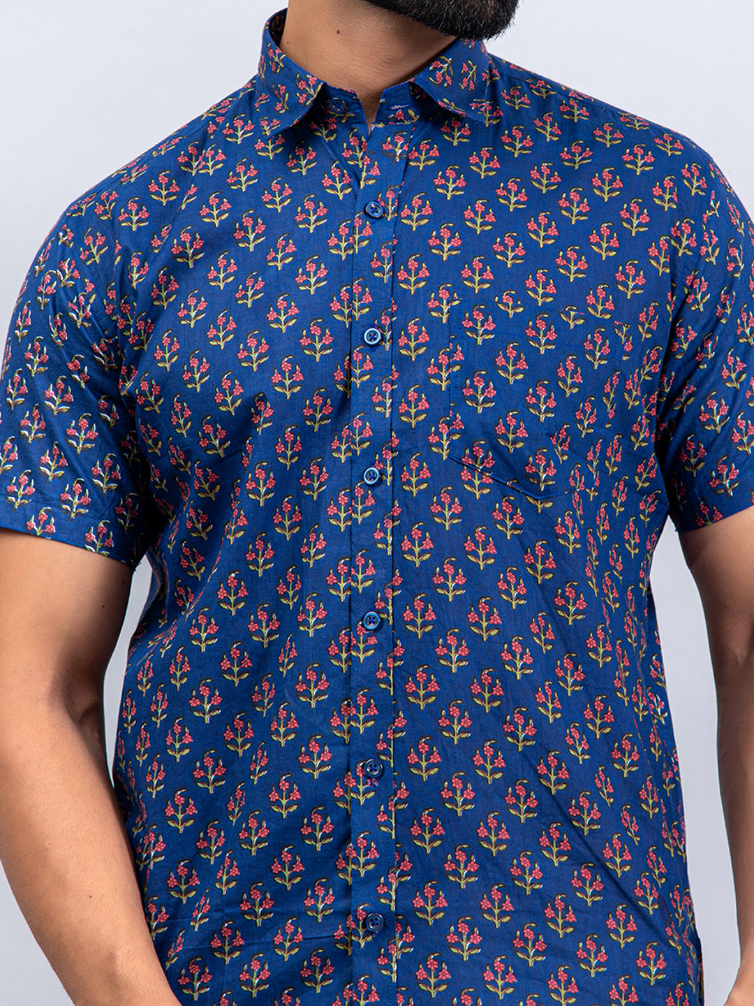 Half Sleevs Cotton Blue Floral Print Shirt