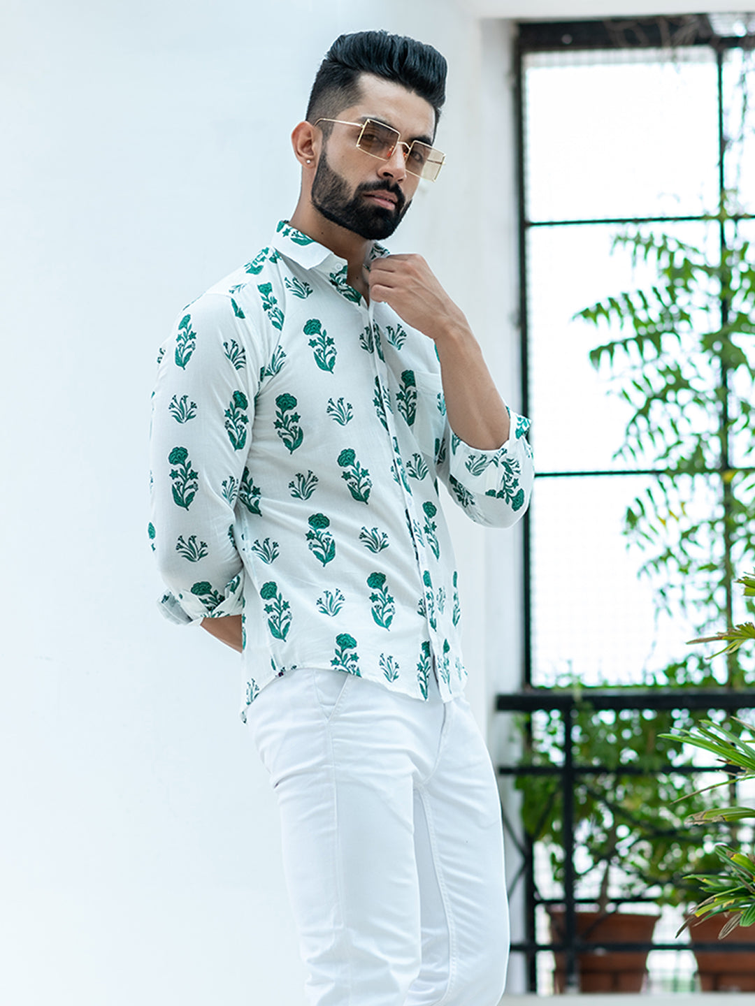 White & Green Block Floral  Full Sleeves Cotton Printed Shirt