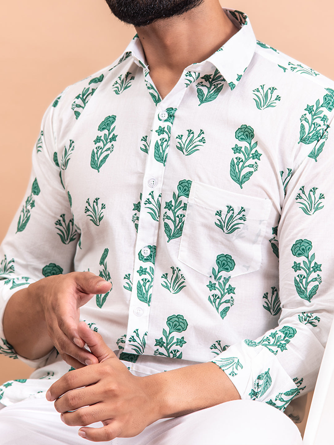 White & Green Block Floral  Full Sleeves Cotton Printed Shirt