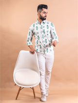 White & Green Block Floral  Full Sleeves Cotton Printed Shirt