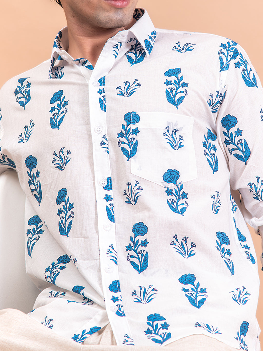 Full Sleeves White & Teal Blue Floral Print Shirt