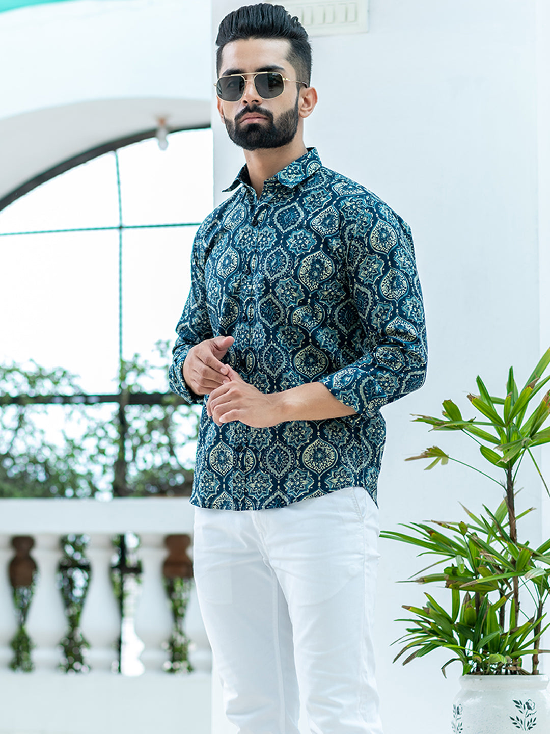 Navy Blue Abstract Full Sleeves Cotton Printed Shirt