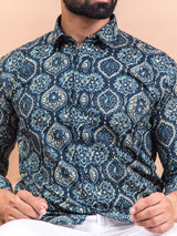 Navy Blue Abstract Full Sleeves Cotton Printed Shirt