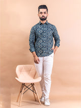 Navy Blue Abstract Full Sleeves Cotton Printed Shirt